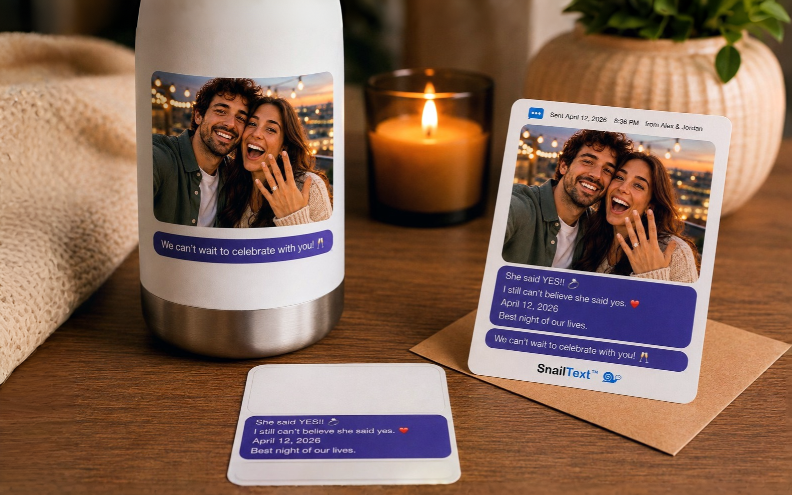 SnailText stickers placed on a bottle beside the keepsake card